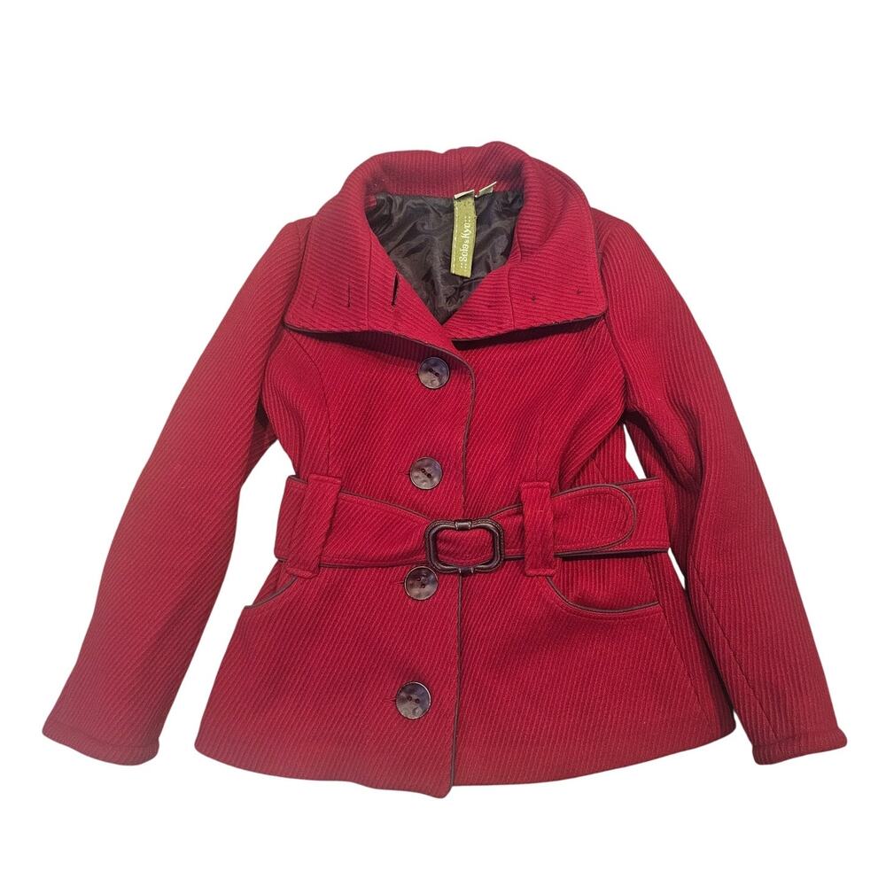Soia Kyo Red Wool Belted Coat Womens Size L Minimalist Preppy Winter Pea Coat